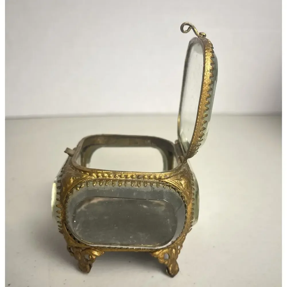 Vintage French Style Ormolu Gold Jewelry Box Casket Beveled Glass Footed Ornate